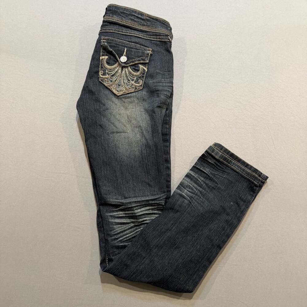 Almost Famous Y2K Embroidered Flap Pocket Skinny Jeans Dark Wash Rhinestone